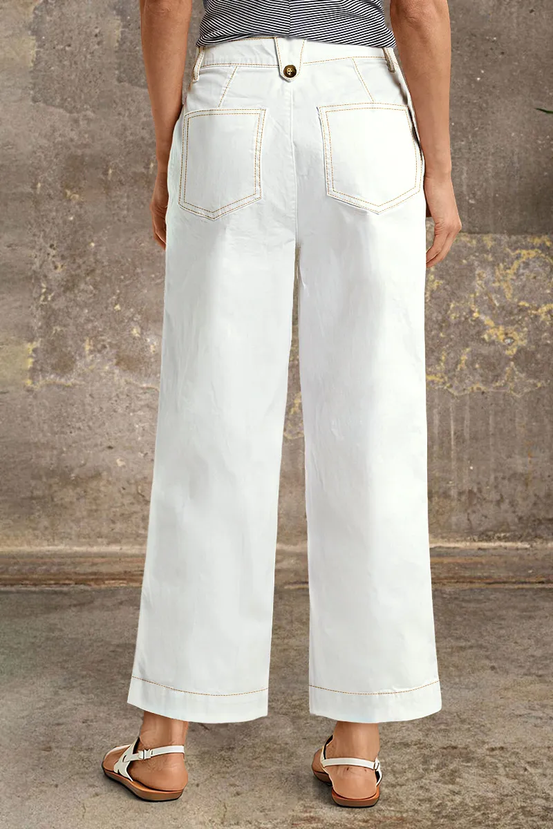 Contrast Stitch Button Fly Straight Leg High Rise Crop Pants