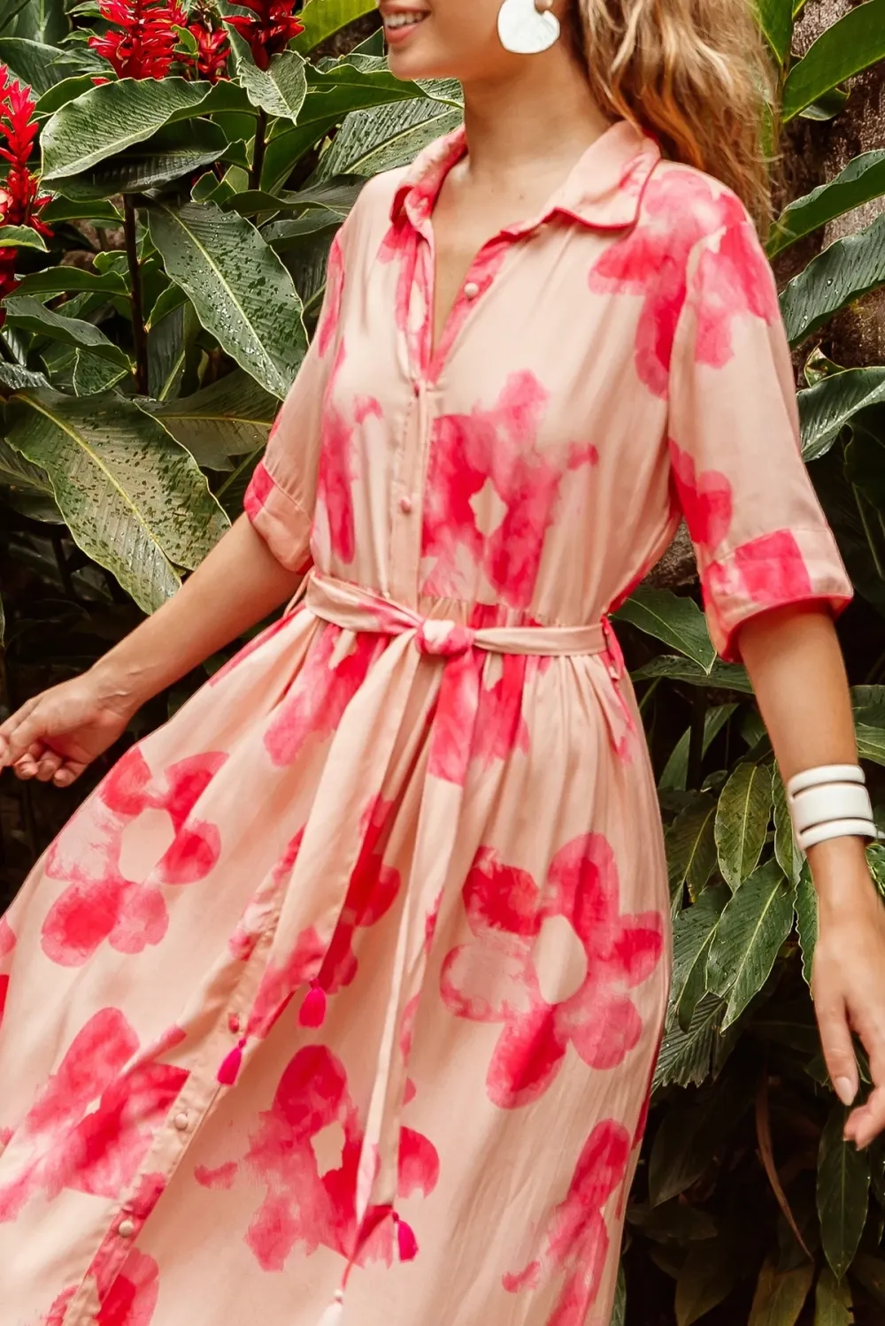 Pink And Red Floral Print Belted Maxi Dress
