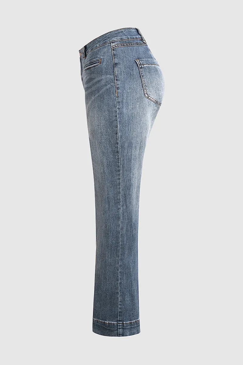 Washed Pocket Detail Low Rise Flare Jeans Without Belt