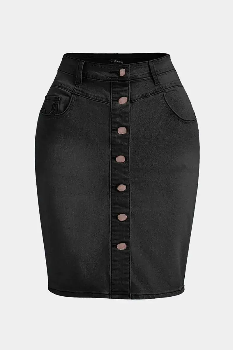 Wash Button Down Stitch Detail Denim Skirt