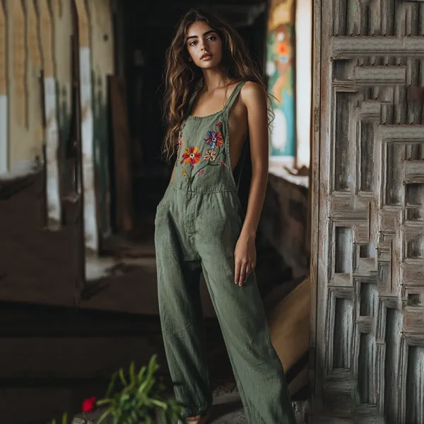 Vintage Floral Embroidered Pattern Linen Blend Loose Casual Jumpsuit