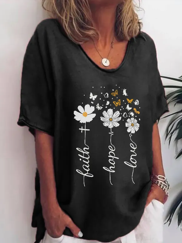Faith cross and flower printed women graphic tees