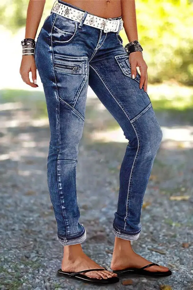 Zip Pocket Roll Hem Mid Waist Crop Jeans Without Belt