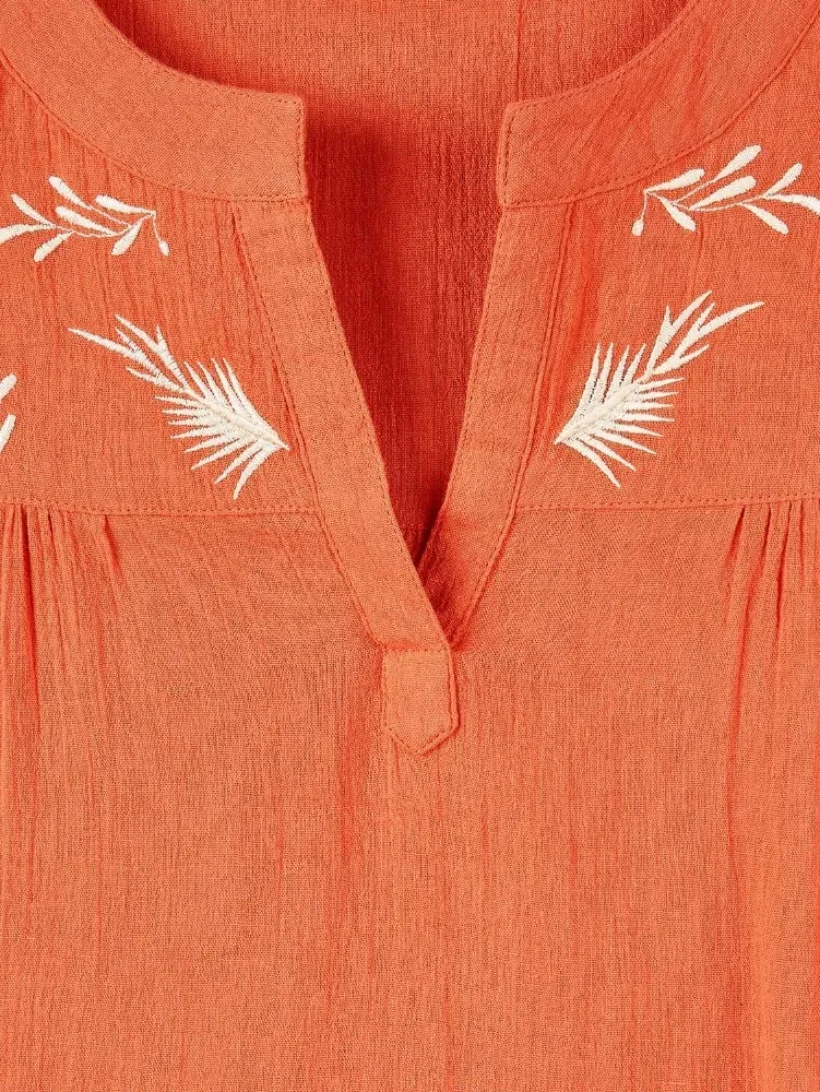 Embroidered Leaves Crinkle Cotton Tiered Dress