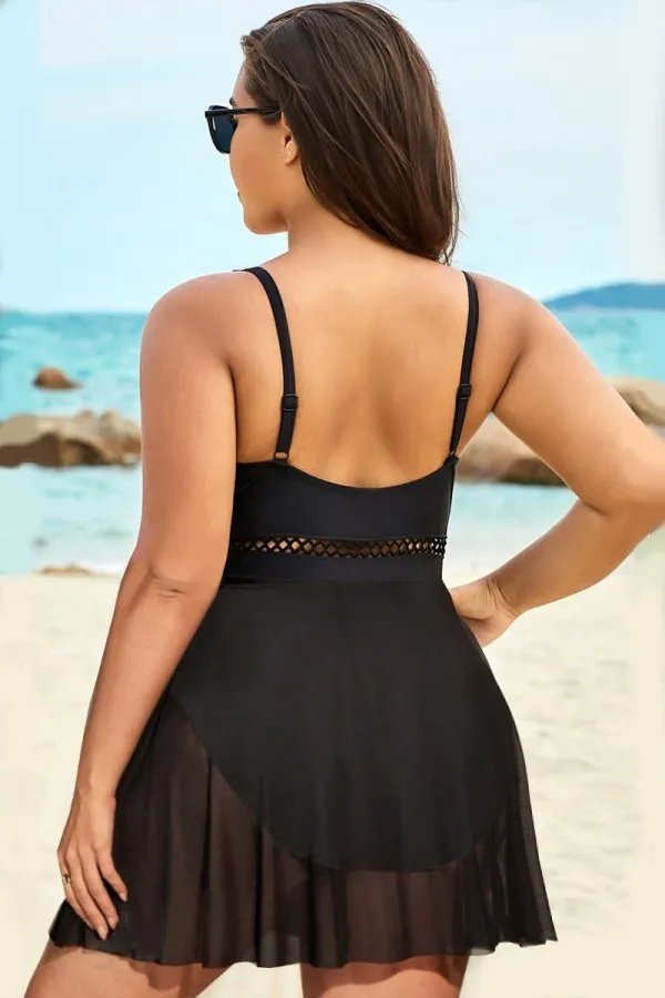 Plus Size Black Lattice Plunge Mesh Swimdress