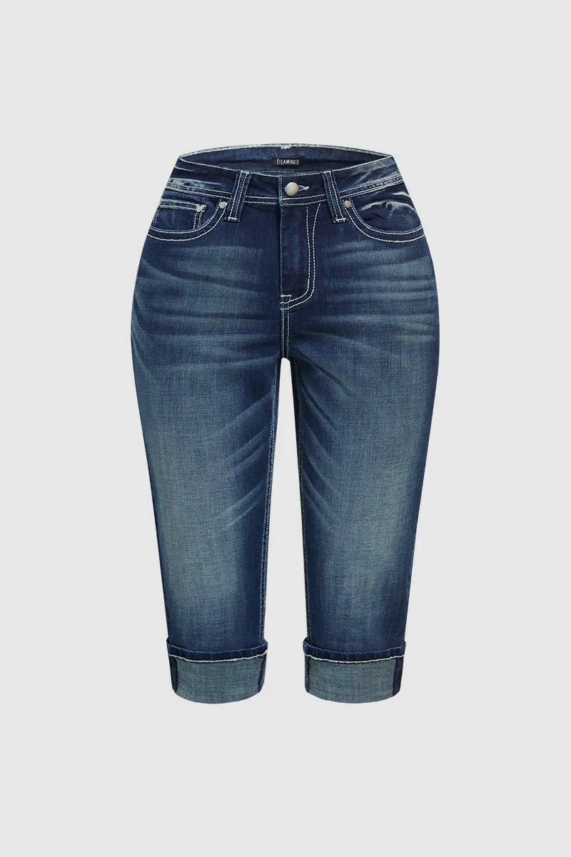 Pocket Detail Roll Hem Mid Waist Capri Jeans