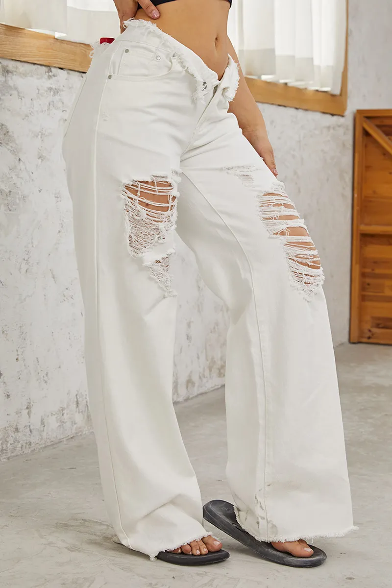 Cut Out Raw Hem Mid Waist Wide Leg Jeans