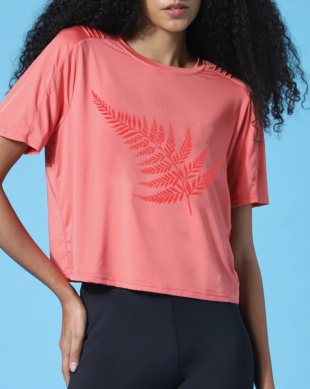 Coral Fern Print Cropped Training T-shirt