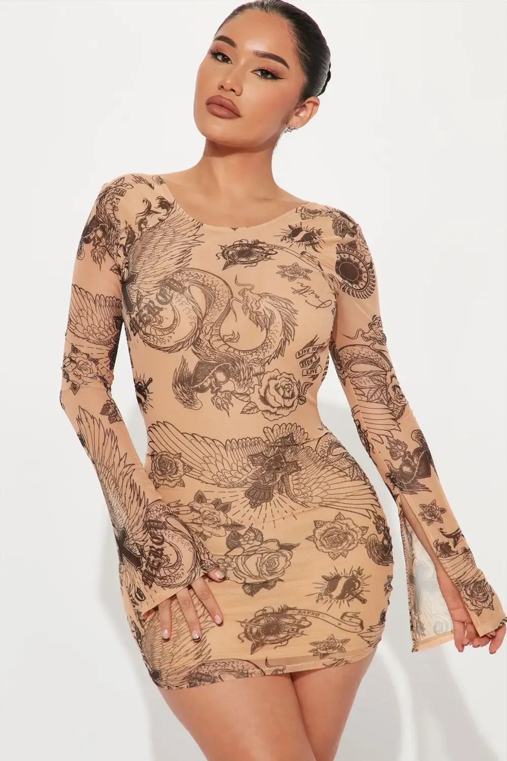 Tattoo Obsessed Mesh Mini Dress - Nude/combo