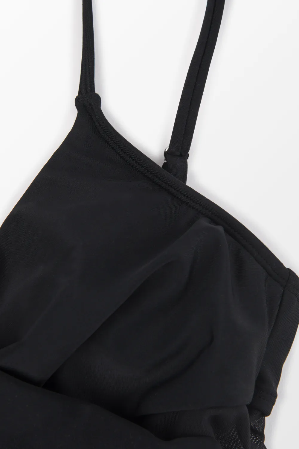 Solid Mesh Wrap Front Cutout Black One Piece Swimsuit