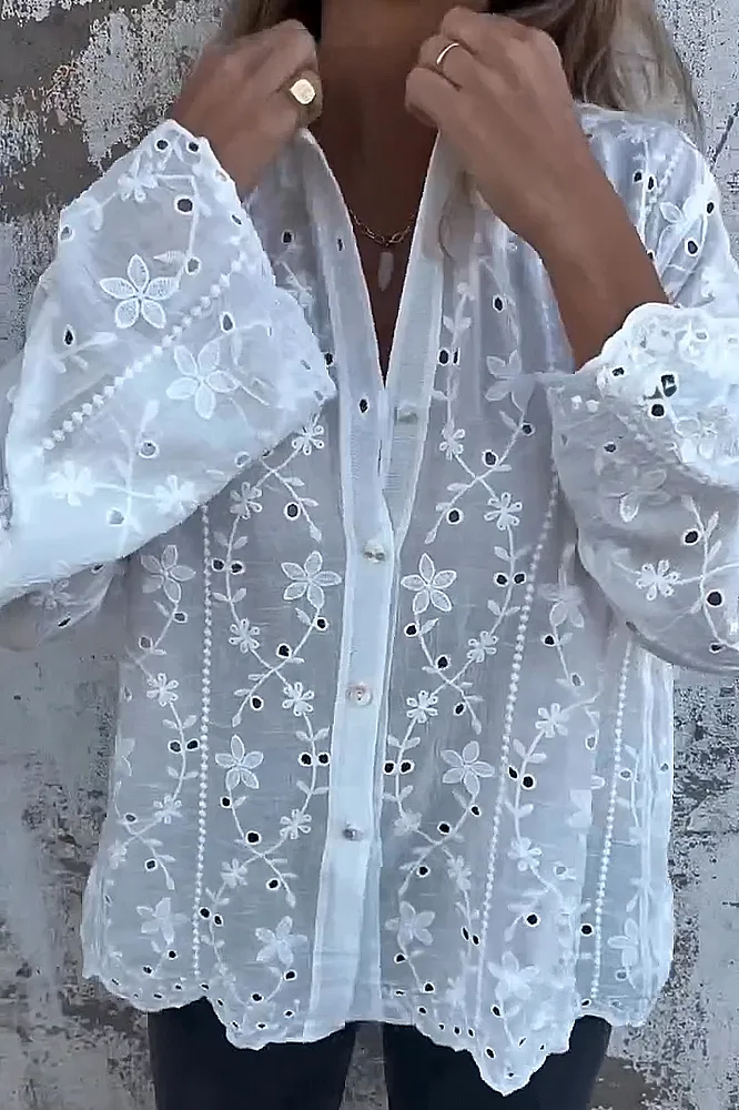 Women's solid color cotton and linen hollow out shirt