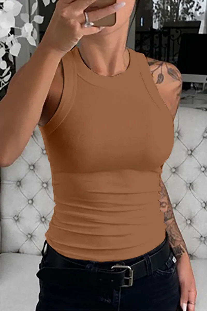 Solid Rib-Knit Round Neck Tank Top