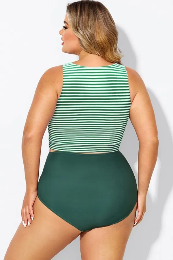 Plus Size Green Stripe Knotted Crop Bikini Top