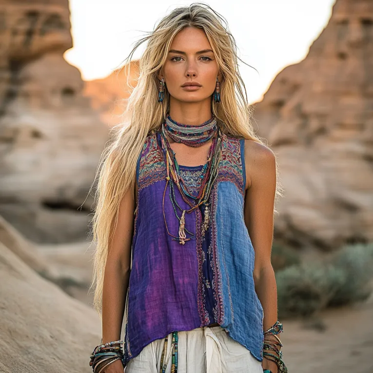 Women's Bohemia Ethnic Patchwork Style Linen Sleeveless Top
