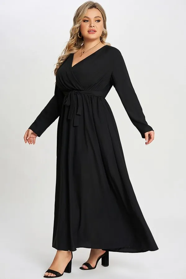 Solid Black Pocket Knotted Wrap Women Dress