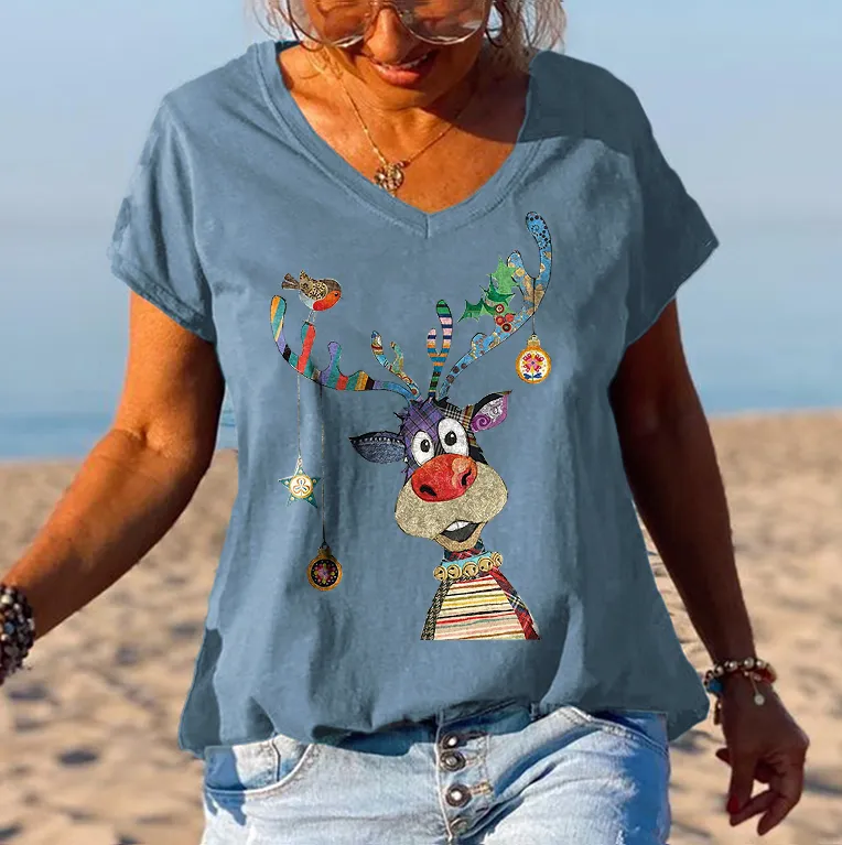 Christmas Lovely Elk Printed V-neck Women's T-shirt
