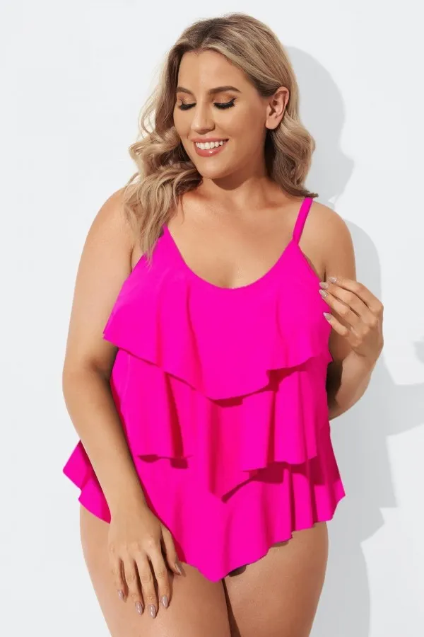 Plus Size Colorblock V-Neck Ruffle Women Tankini Top