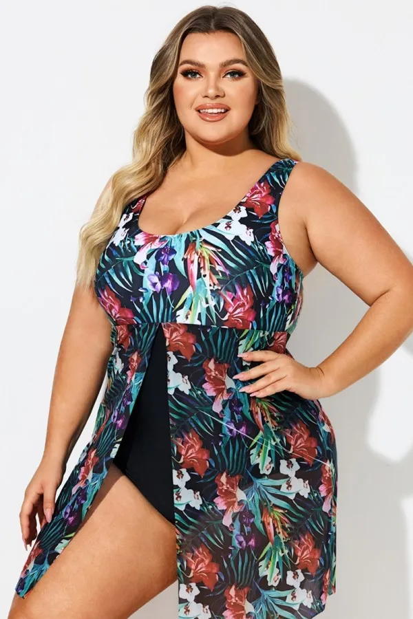 Tropical Floral Print V-Neck Split Hem Swimdress
