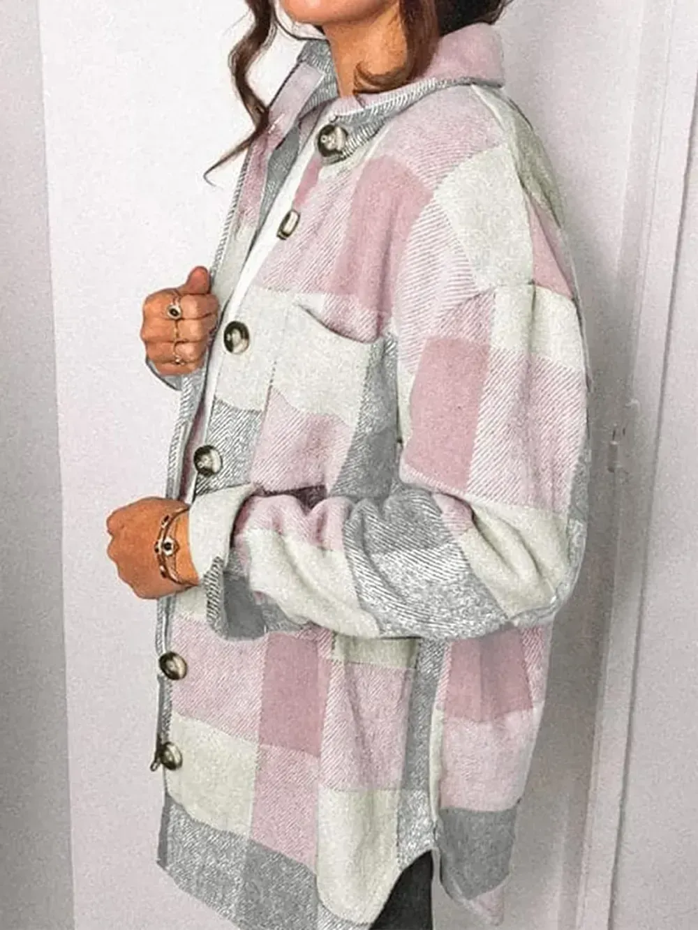 Womens Casual Plaid Shacket Button Down Long Sleeve Shirt