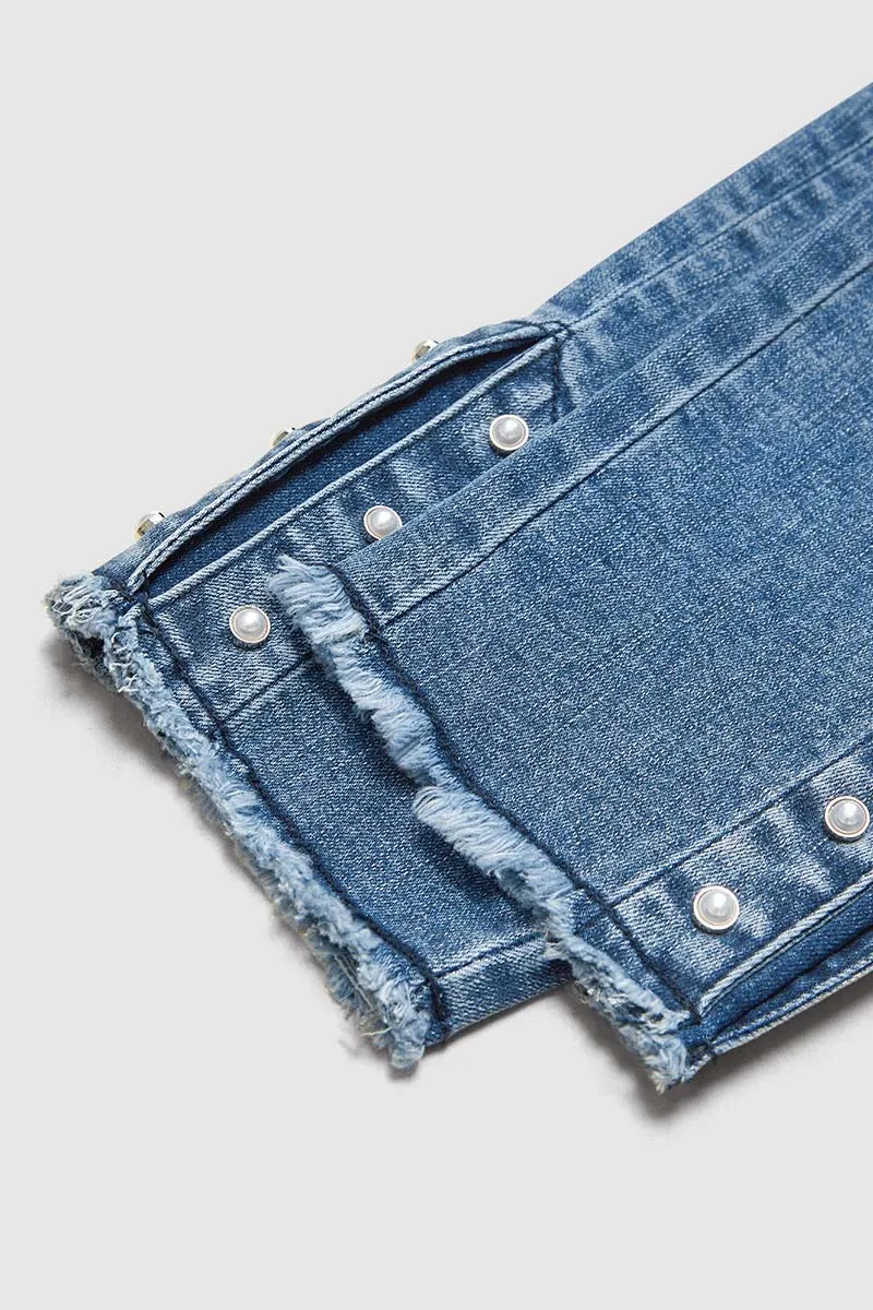 Button Side Raw Hem High Waist Skinny Jeans