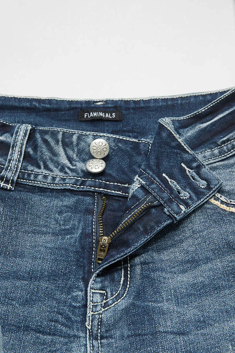 Roll Hem Double Button Mid Rise Denim Shorts