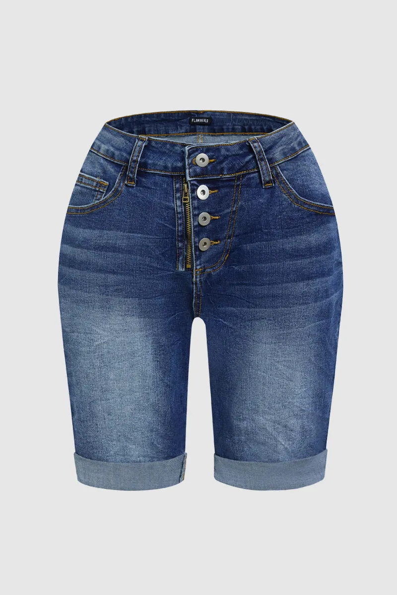 Wash Button Up Roll Hem High Waist Denim Mid Thigh Shorts