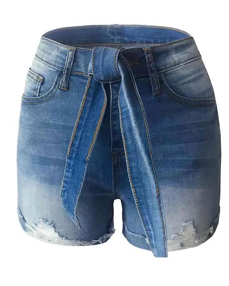 Tie Front High Waist Roll Hem Denim Shorts