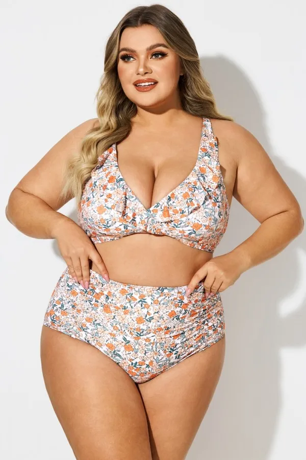 Plus Size Floral Print V-Neck Bikini Top