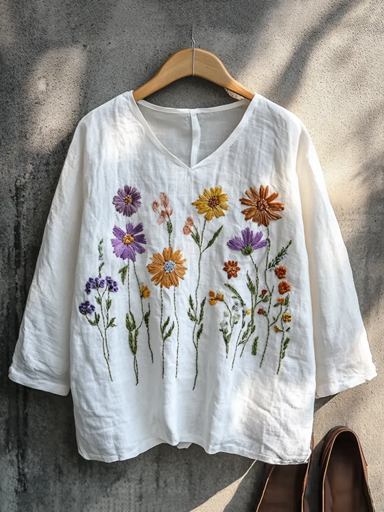Boho Floral Embroidery Print Cotton And Linen Blend Loose Blouse