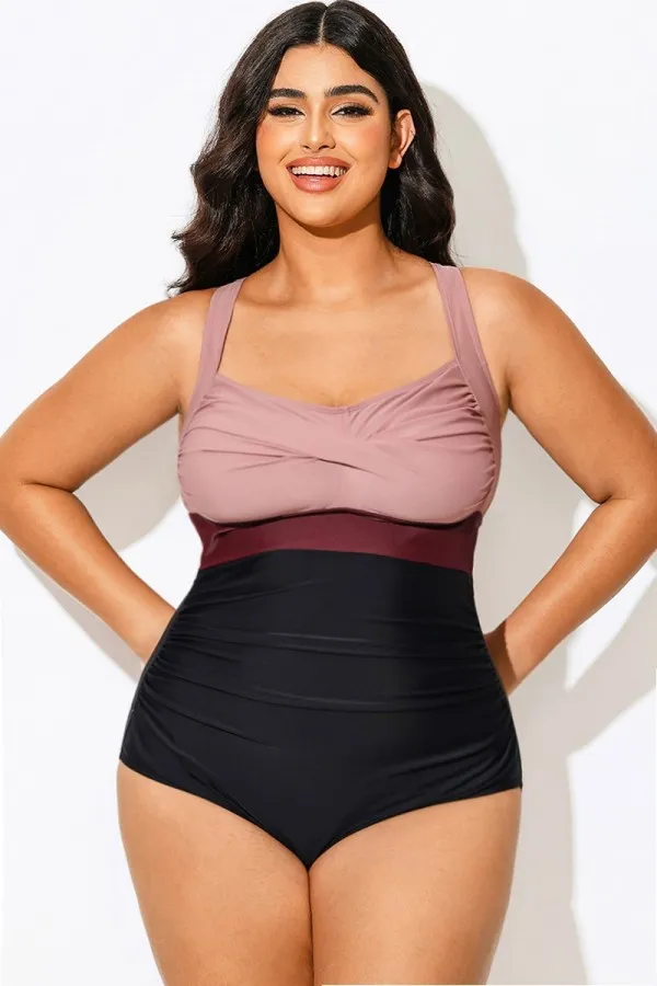 Plus Size Contrast Twist Front Skinny One Piece Swimsuit