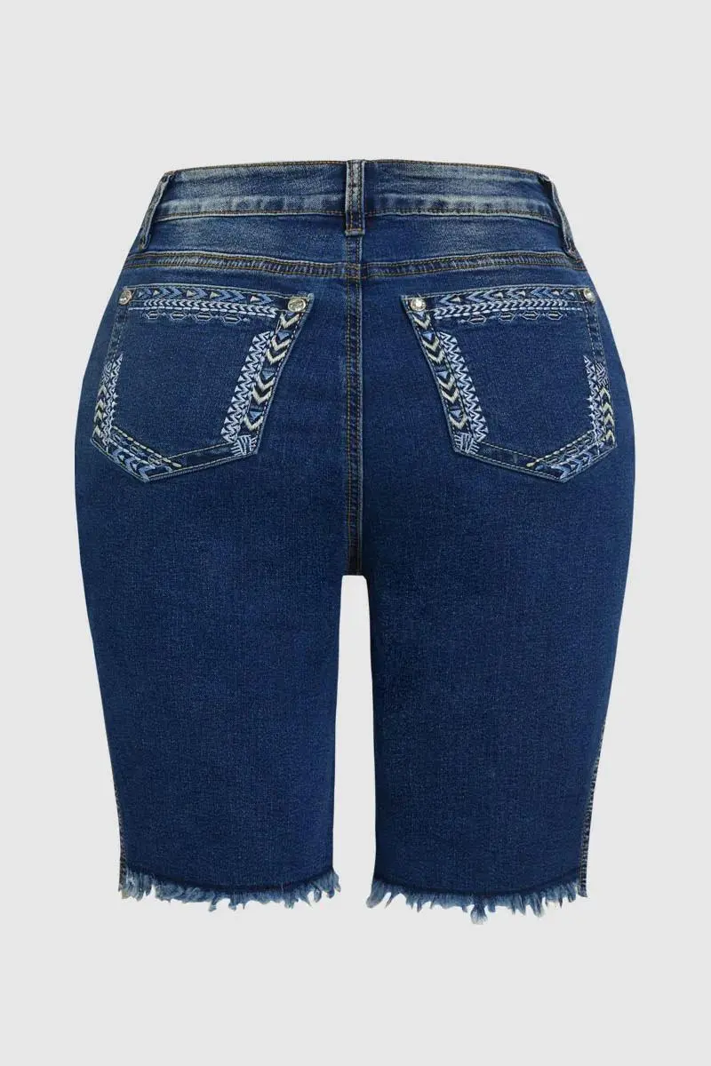 Raw Hem Embroidered Pocket High Waist Denim Mid Thigh Shorts
