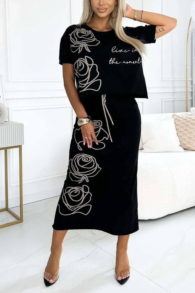 Women's casual rose print skirt suit