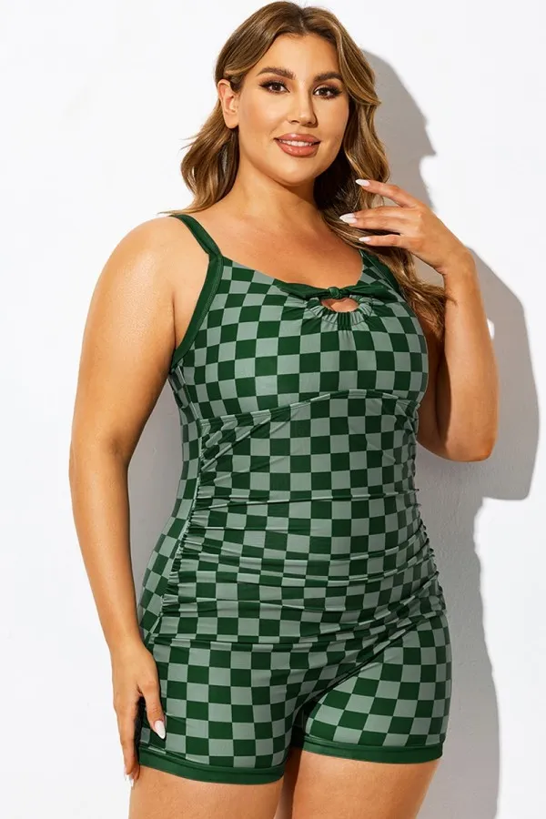 Green Check Colorblock One Piece Swimsuit