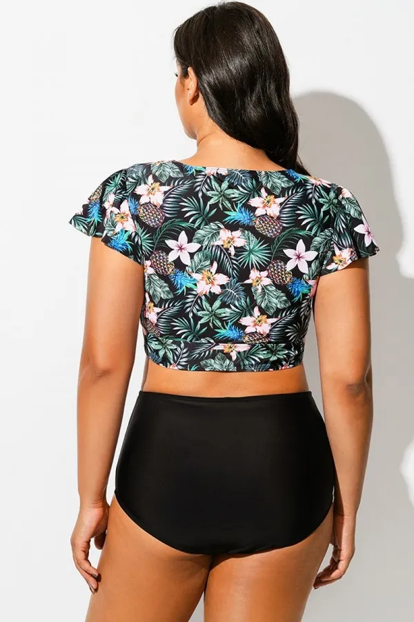 Tropical Print Retro Women Bikini Top With Sleeves
