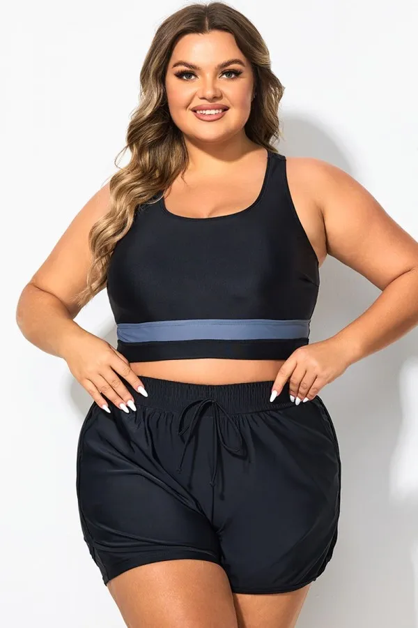 Plus Size Round Neck Black Patchwork Bikini Top
