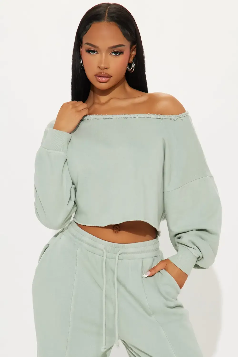 The Washed Off Shoulder Sweatshirt - Sage