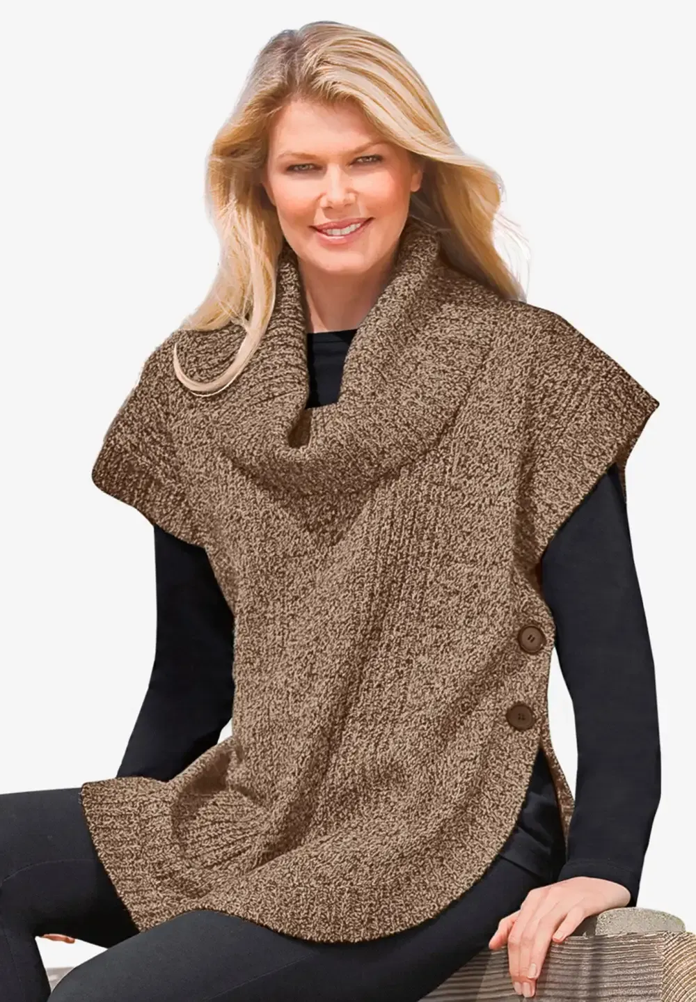 Marled Knit Cowl Neck Poncho