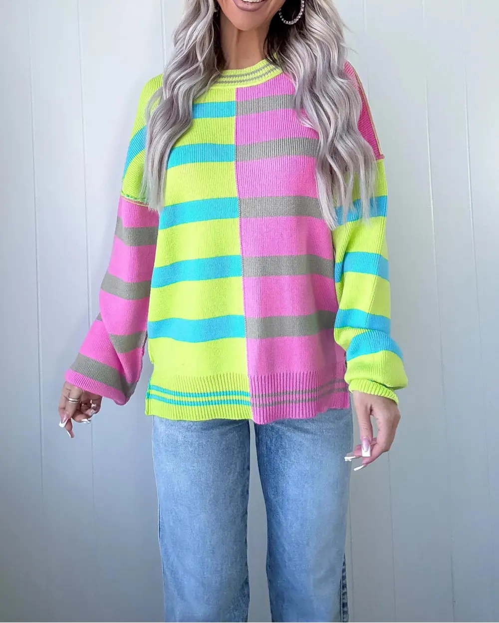 Colorblock Striped Sweater - Lime