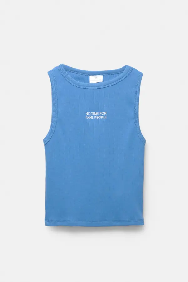 Blue tank top with slogan