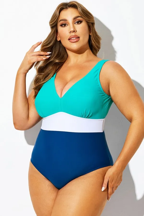 Colorblock V-Neck Script One Piece Swimsuit