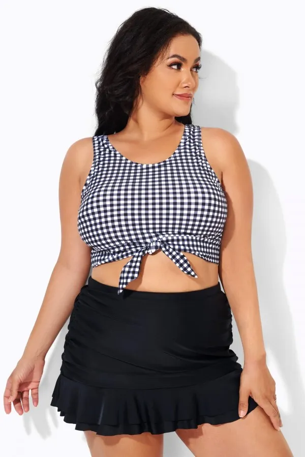 Black Grey Check Knotted Crop Bikini Top
