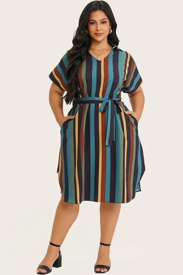 Striped Block Dolman Sleeve Belted Midi Dress