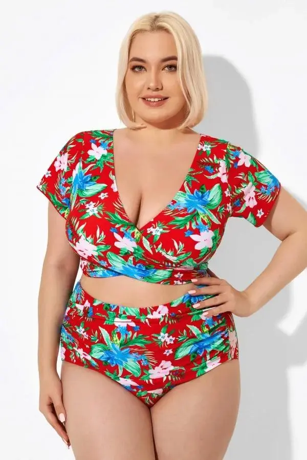 Flower Printed V-neck Bikini Top with Sleeves