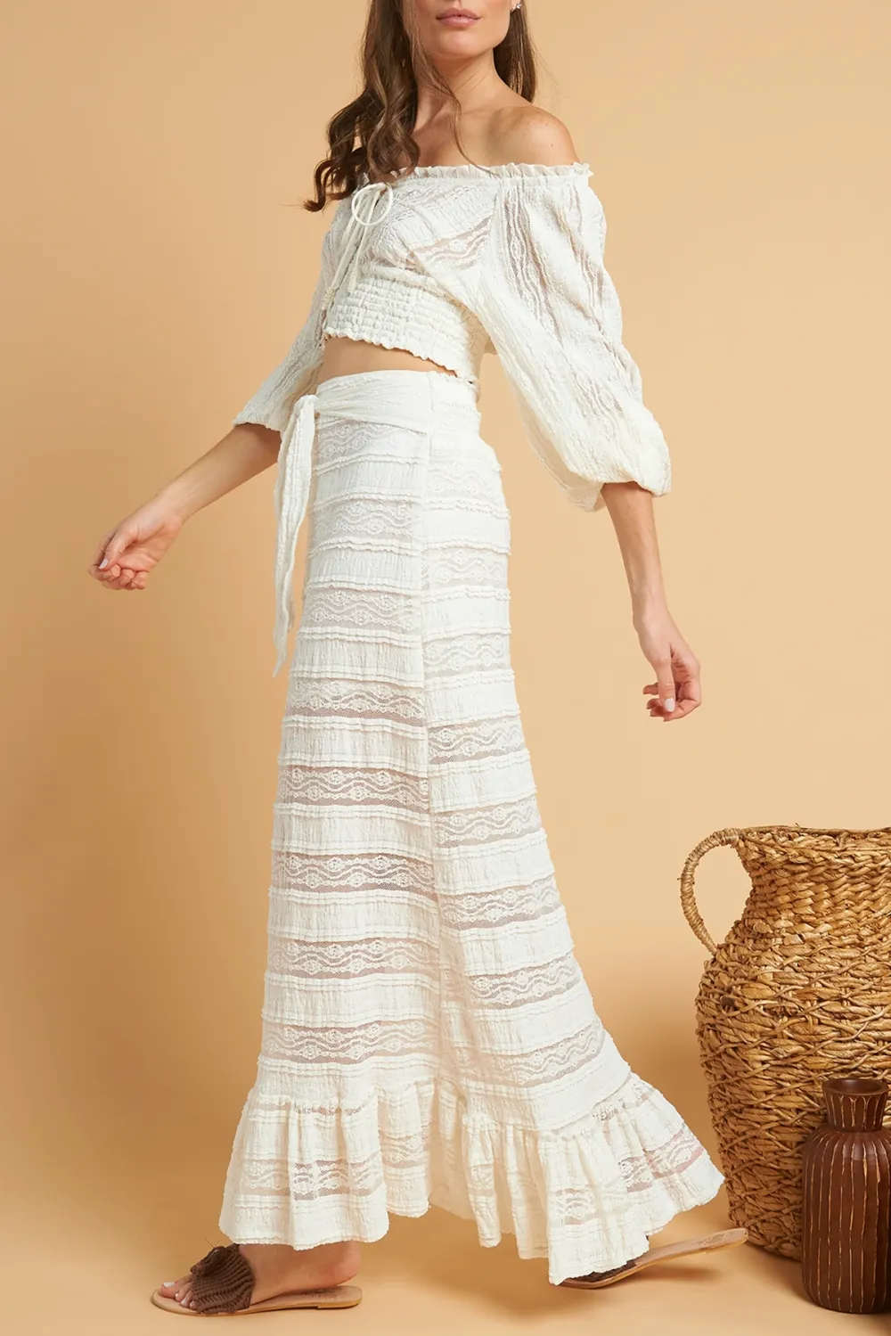 White Crochet Detail High Waisted Maxi Skirt