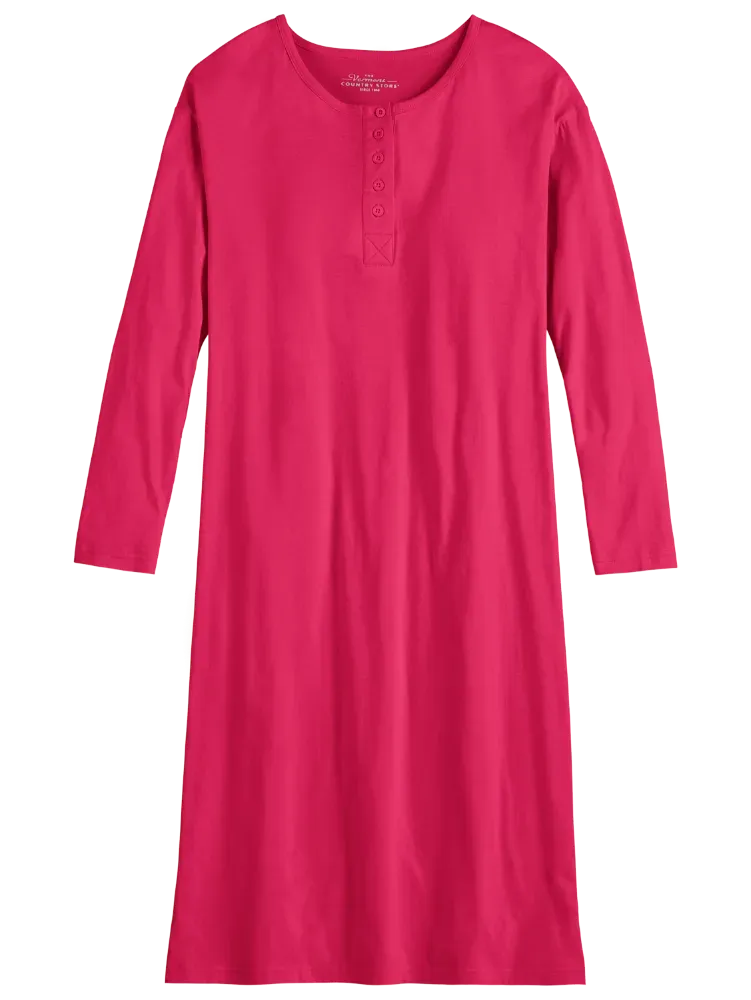 Comfort Knit Solid Color Cotton Long-Sleeve Nightgown
