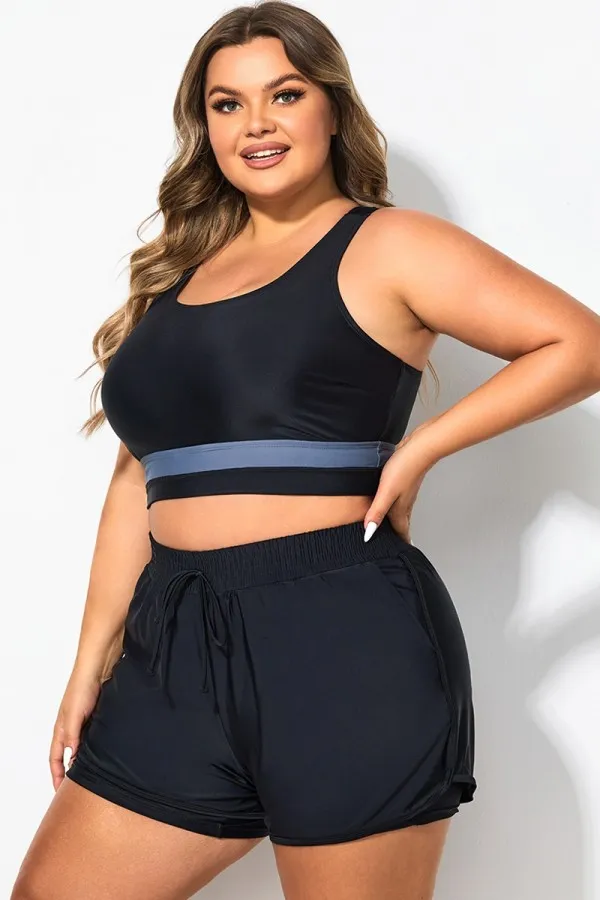 Plus Size Round Neck Black Patchwork Bikini Top