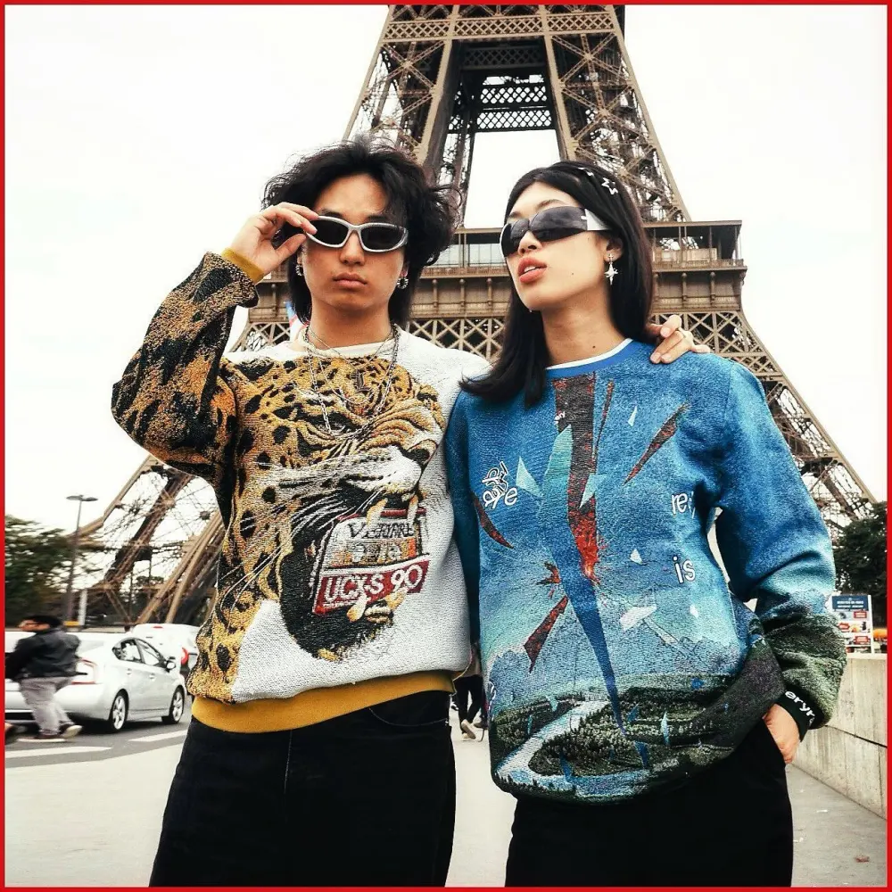 Blue Sweater Renaissance Street Wear Fashion Printing Seasonal Trend Special Design