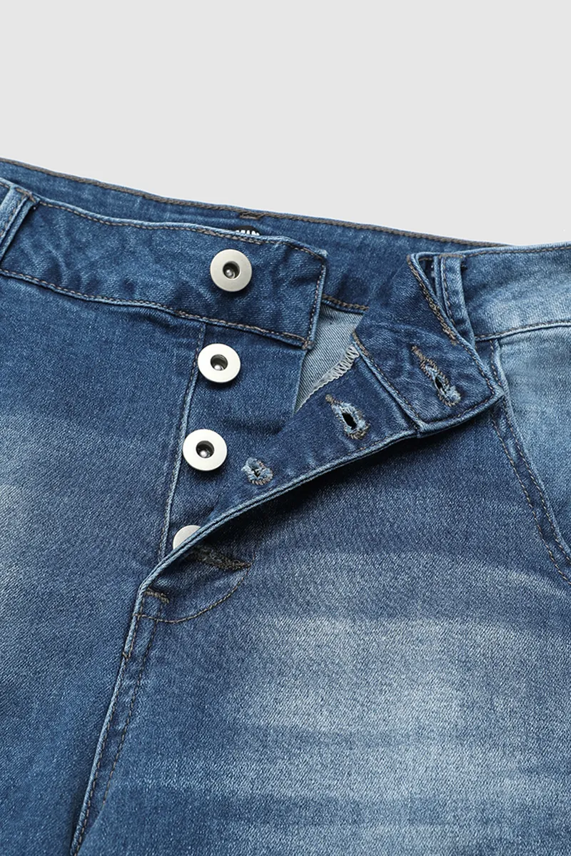 Button Fly Roll Hem Denim Mid Thigh Shorts Without Belt