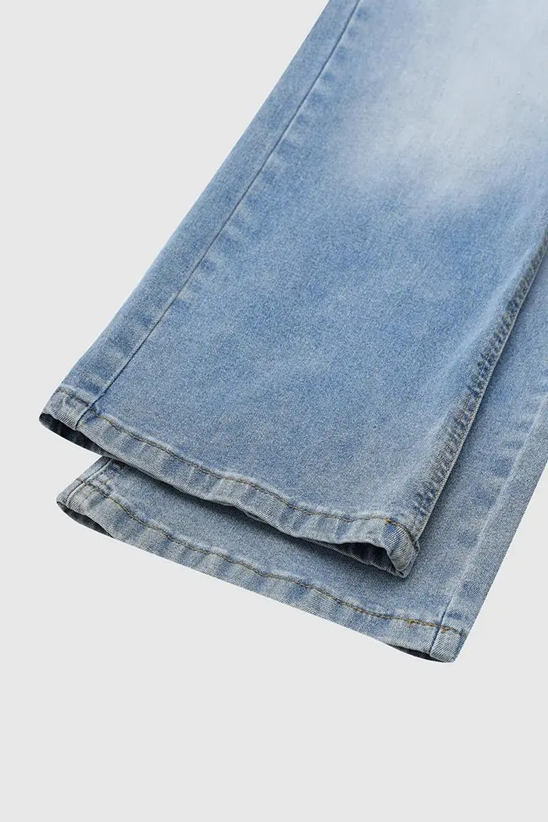 Button Fly Wide Leg Mid Rise Jeans Without Belt
