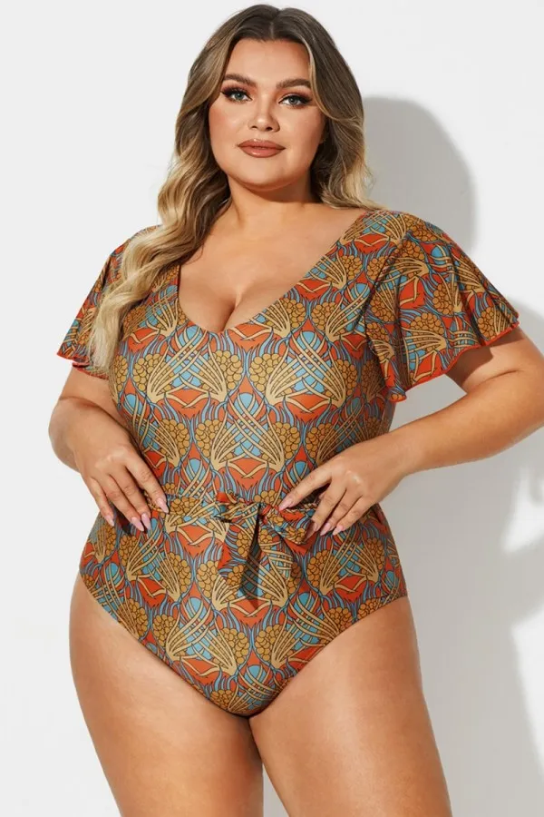 V-Neck Flutter Sleeve Belt One Piece Swimsuit